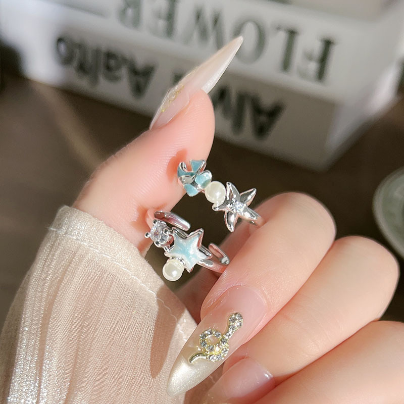 ins cold style Marine element blue gradient starfish and small fish open ring, sweet and cool, exquisite and unique female ring details Picture