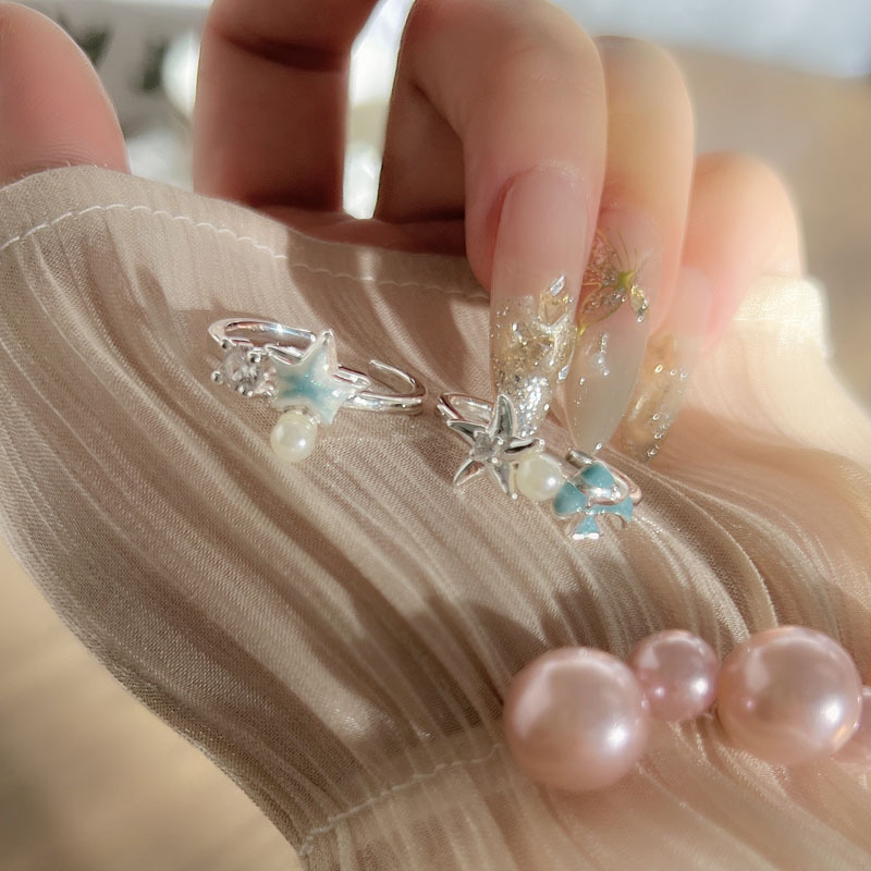 ins cold style Marine element blue gradient starfish and small fish open ring, sweet and cool, exquisite and unique female ring full figure