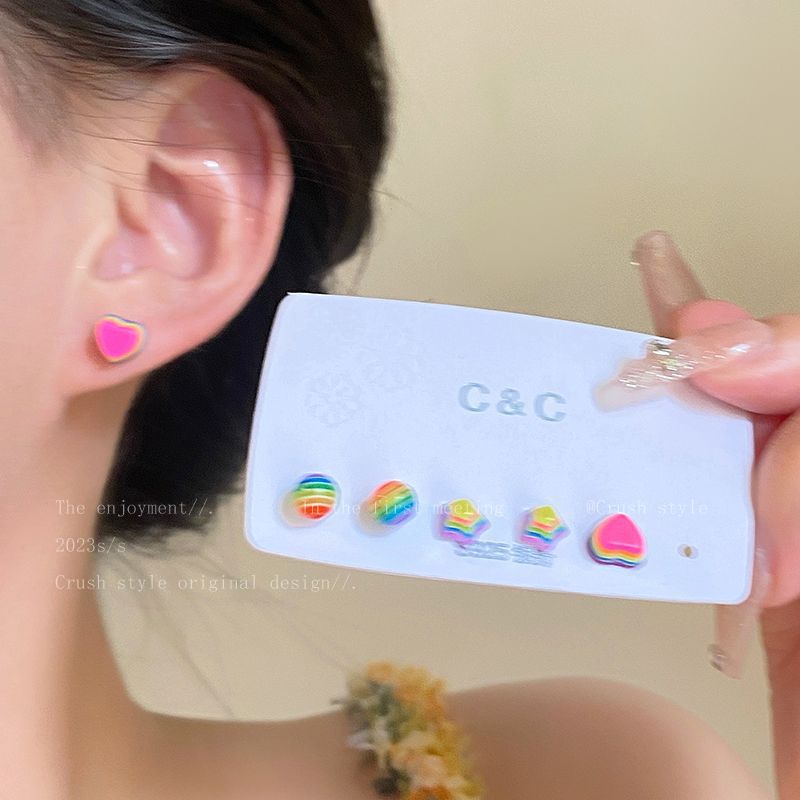 Dopamine Rainbow Candy Heart-shaped Star Stud Earrings for Women, niche design sense, unique personality, New Style 2025 Application Scenario