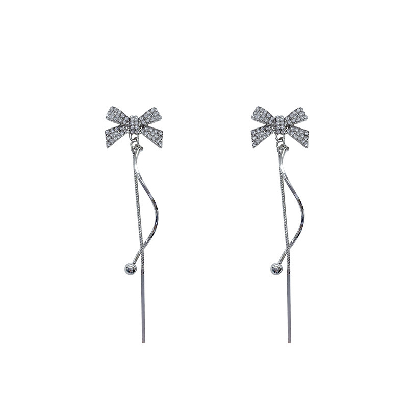 Super sparkling and exquisite tassel bow earrings, a unique and niche design for women, with long zirconia stud earrings wrapped around, a best-selling ear accessory Item Picture