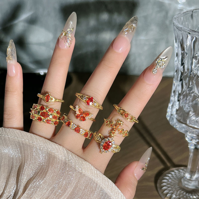 Luxurious and high-end design, colored gemstone and red diamond, Italian-style light luxury open ring, retro exquisite and versatile ring for women details Picture