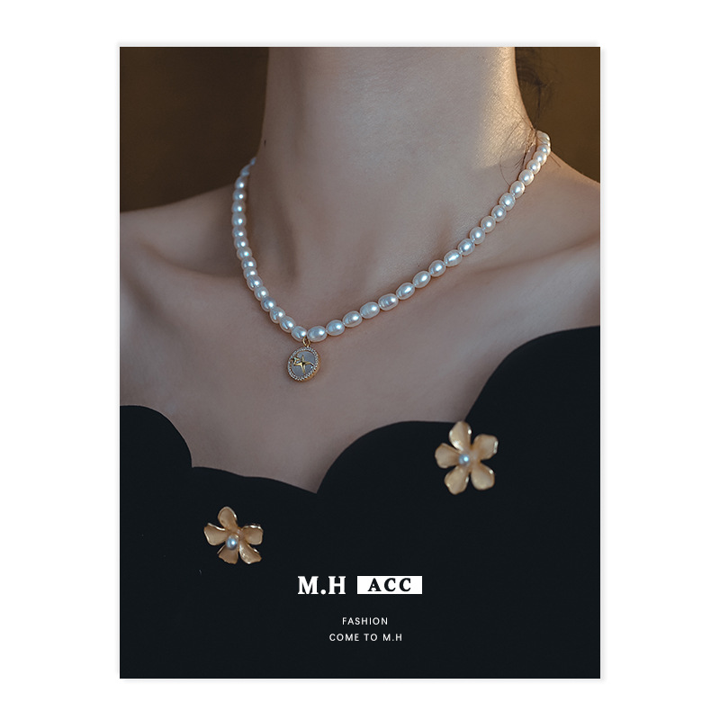 Natural pearl starlight round brand necklace, niche design, high-end style, new elegant Baroque collarbone chain Specification drawing
