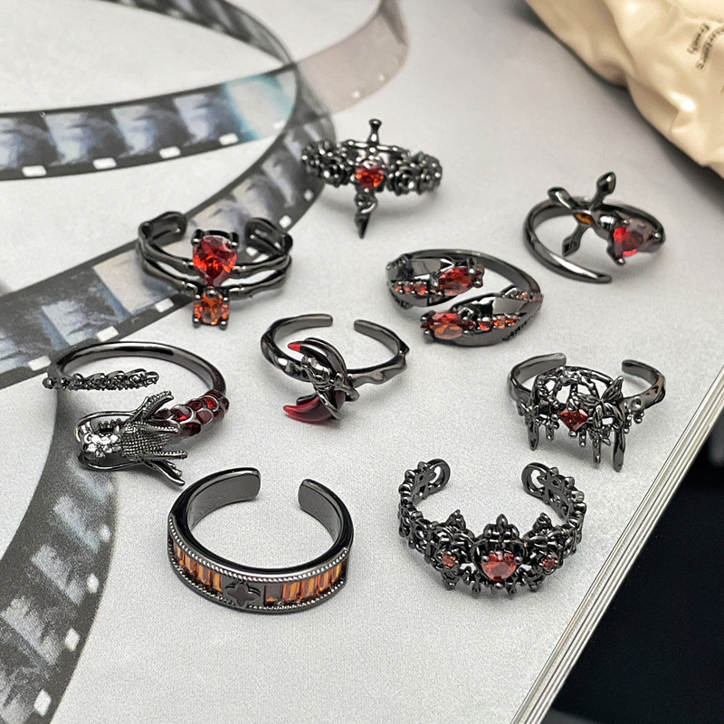 Punk dark style individual red diamond open ring, gender-neutral style, spicy girl layering, unique and niche design index finger ring Application Scenario