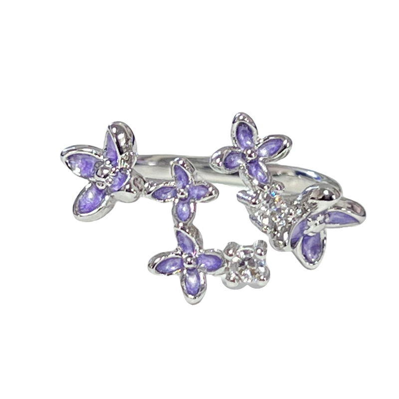 The Korean version of the super fairy-like purple three-dimensional flower opening ring for women, with water drop and diamond inlays, is a light luxury and exquisite versatile ring trend Item Picture