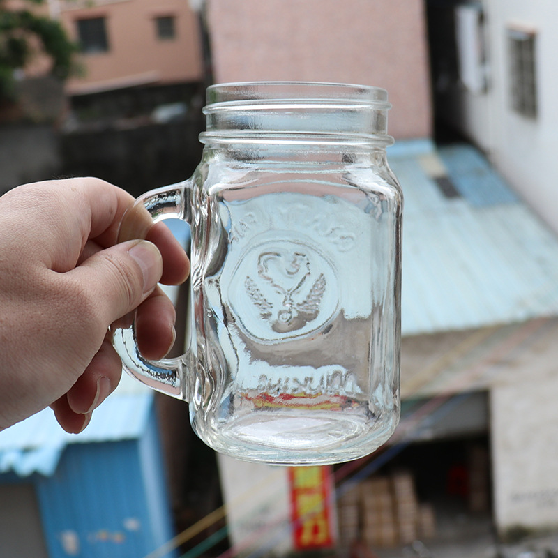 Transparent glass rooster cup 500ml creative milk tea shop summer iced drink bottle handle cup with lid in stock Specification drawing