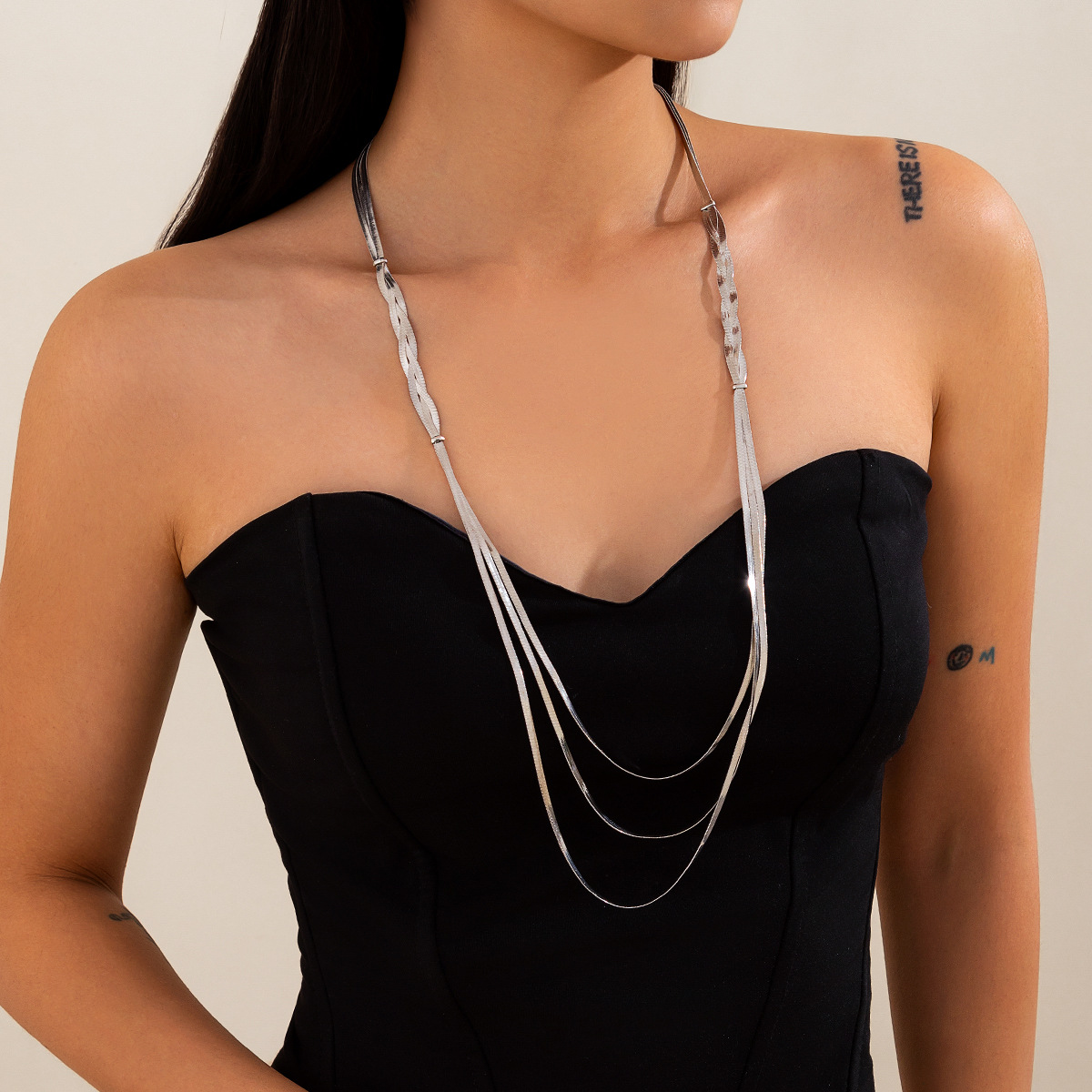 European and American cross-border jewelry fashion metallic tassel snake bone chain set, punk style simple multi-layer long necklace details Picture