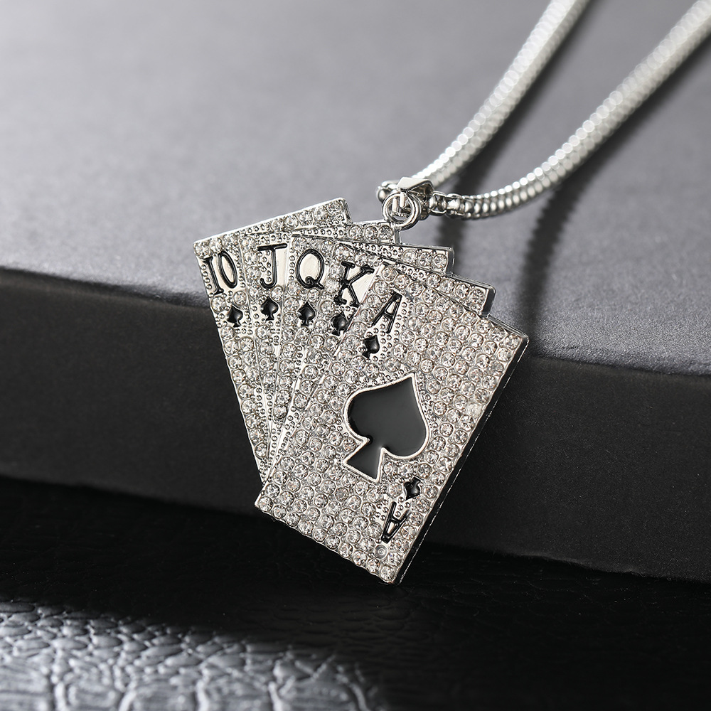 New creative playing card titanium steel necklace, trendy hip-hop men's fan-shaped playing card full diamond pendant sweater chain wholesale full figure