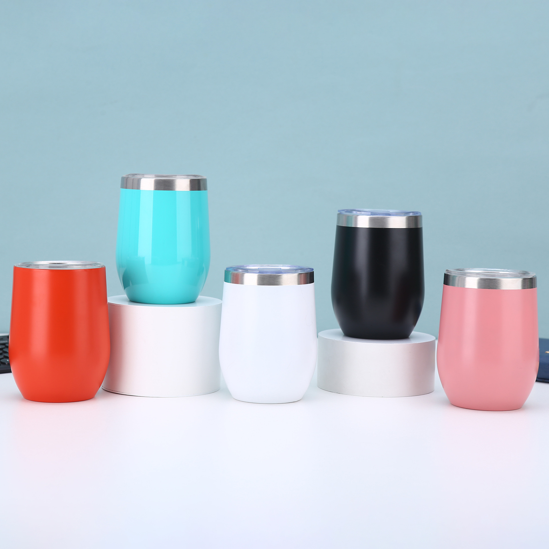 Wholesale of 12oz eggshell cups with plastic spraying, mini vacuum 304 stainless steel wine glasses, double-layer portable solid-color insulated cups details Picture