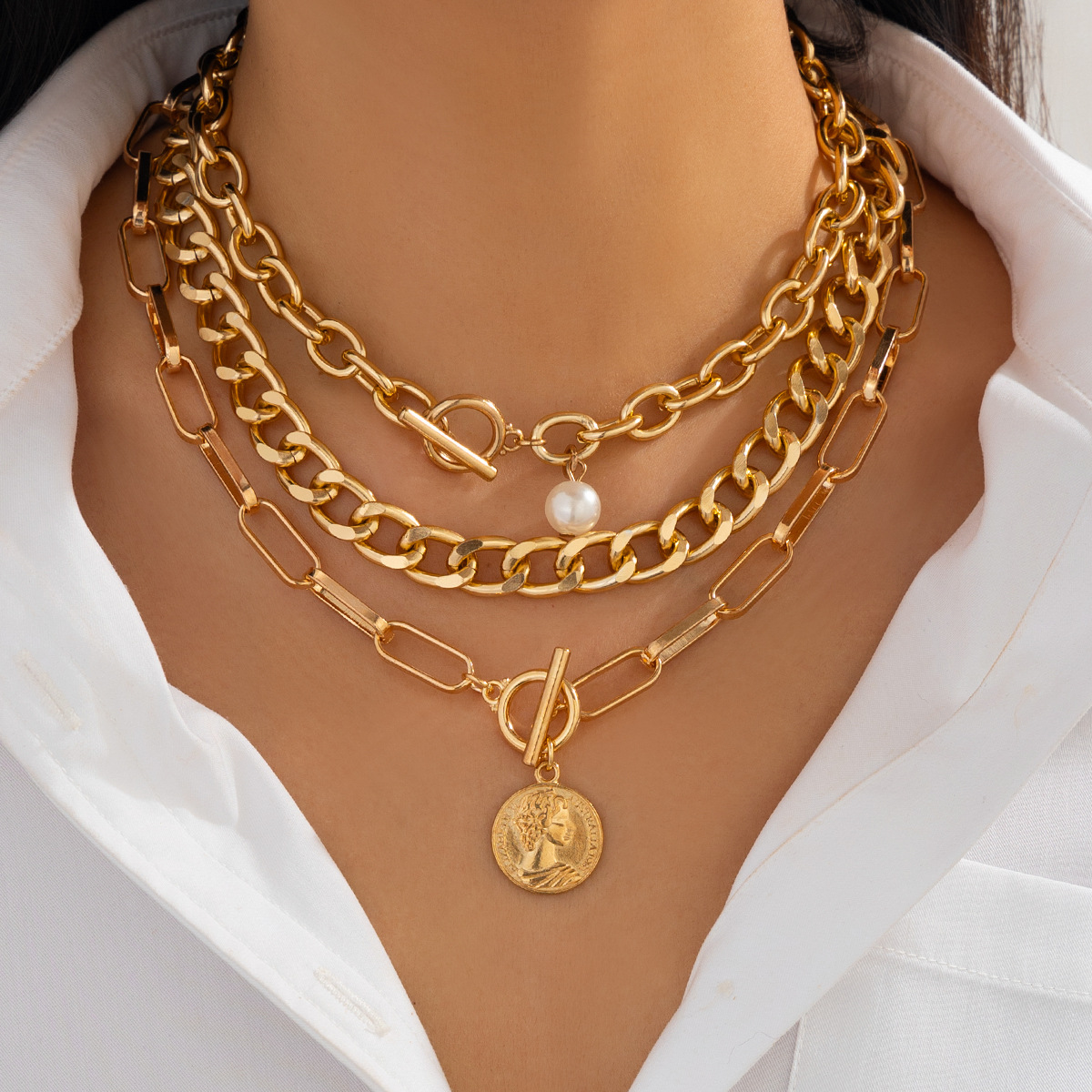 European and American cross-border jewelry layering style irregular alloy Necklace personality hip-hop multi-layer Necklace new style full figure
