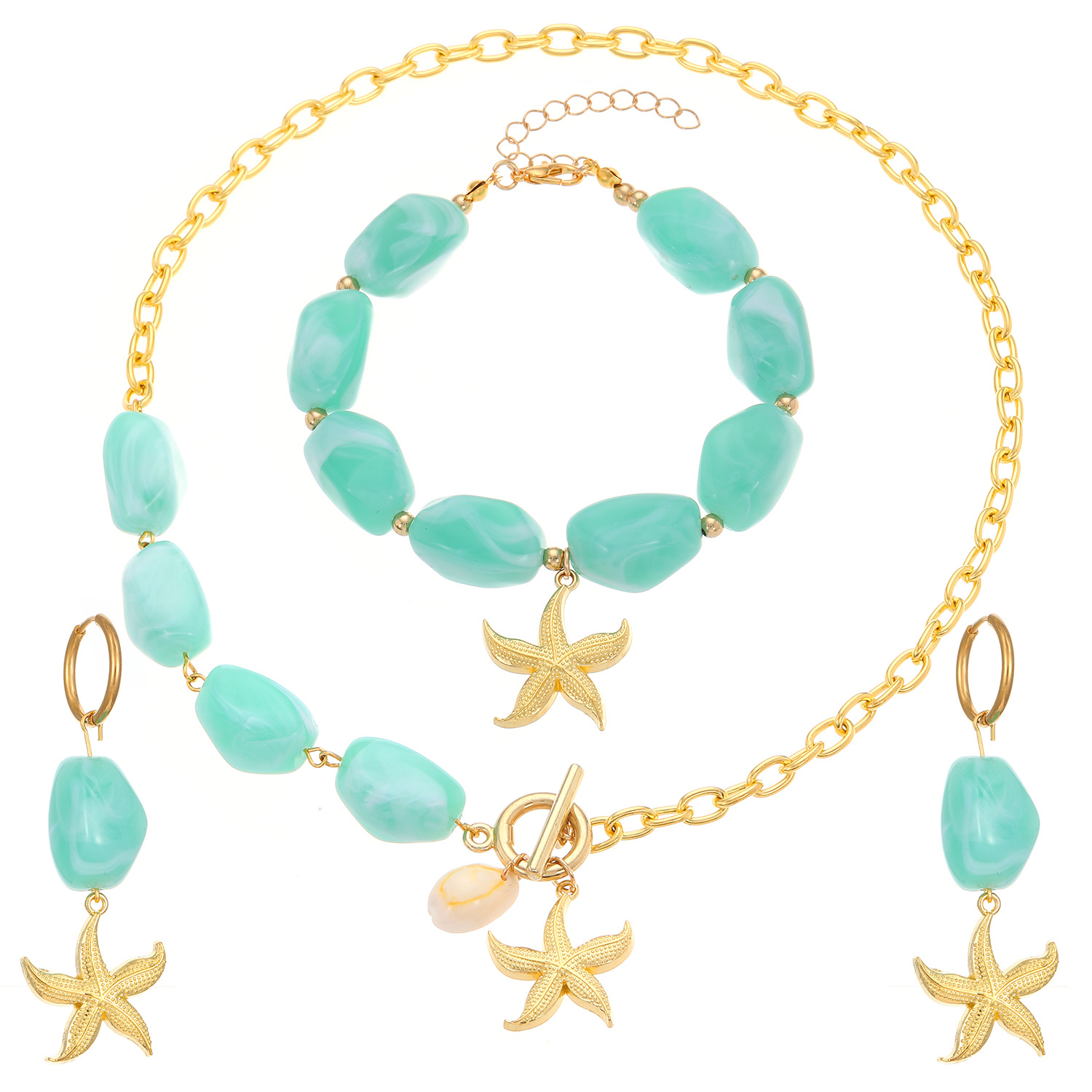 European and American cross-border jewelry, beach starfish collarbone chain, ocean-style earrings, bracelet, necklace set, jewelry for women Item Picture