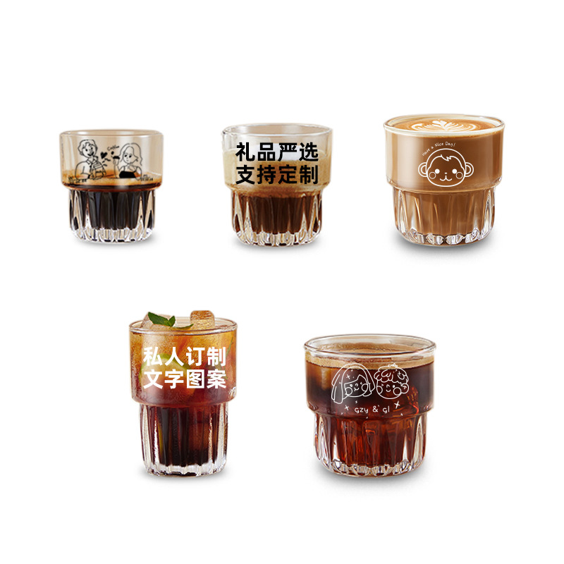 Household stackable glass cups, simple latte coffee cups, beverage juice cups, transparent American milkshake cups, striped cups Item Picture