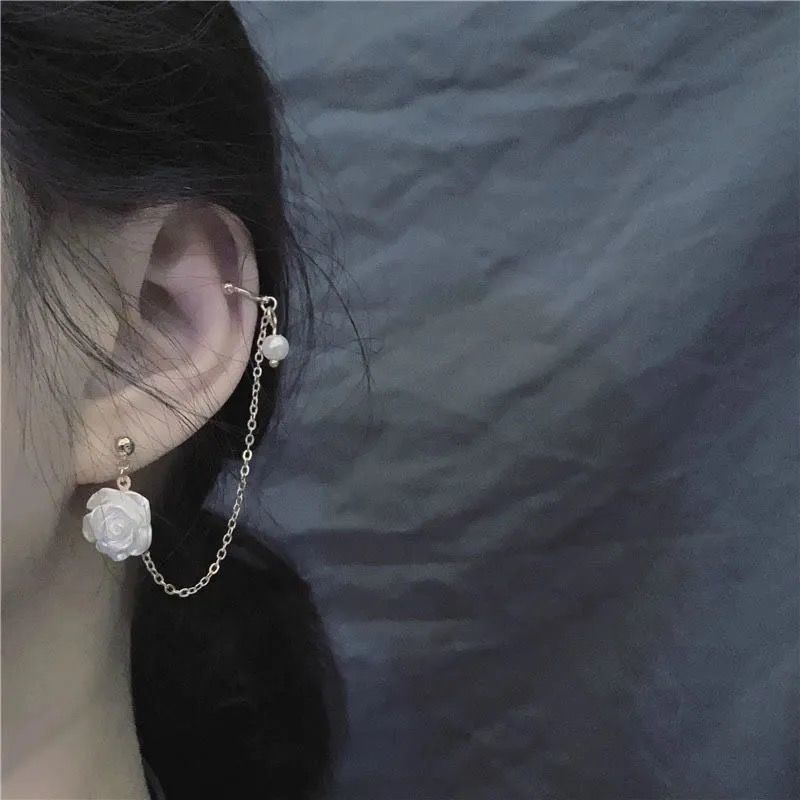 2025 New trendy white rose asymmetrical ear bone clamp one-piece earrings, retro court-style fairy tassel earrings details Picture