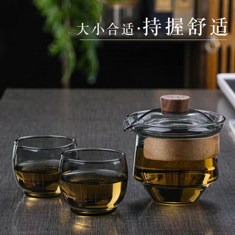 Household high borosilicate glass covered bowl, anti-scald tea brewing set, heat-resistant tea bowl, filter tea brewing cup, tea cup, tea ware, hand-held teapot Specification drawing