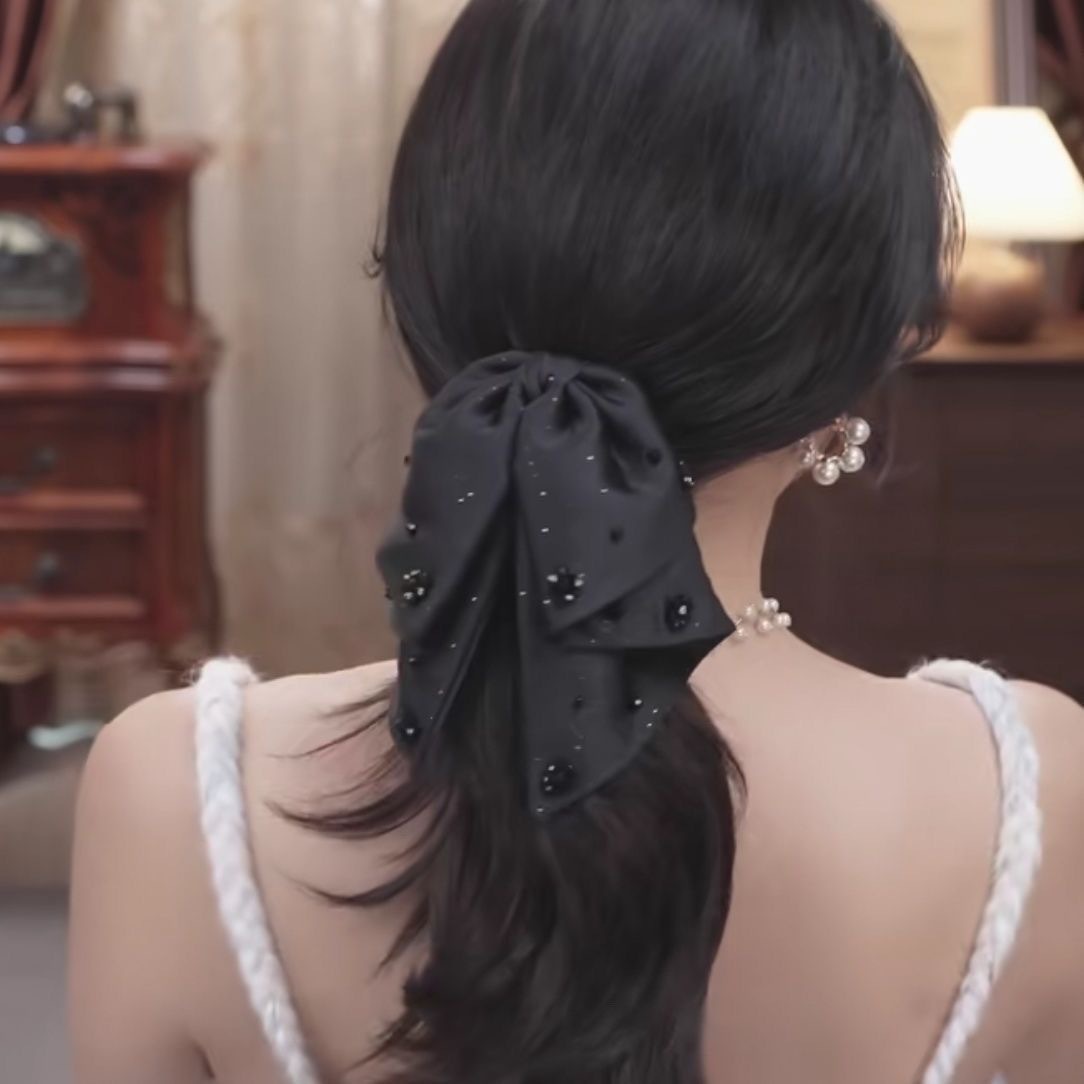 Black satin bow hairpin for women's back of the head ponytail, 2024 new elegant semi-tied headpiece hairpin details Picture