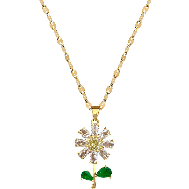 【 Titanium Steel 】 Green Leaf Flower Necklace Earrings Set, Light Luxury, slightly inlaid, personalized and elegant Banquet earrings and Necklaces combination Item Picture