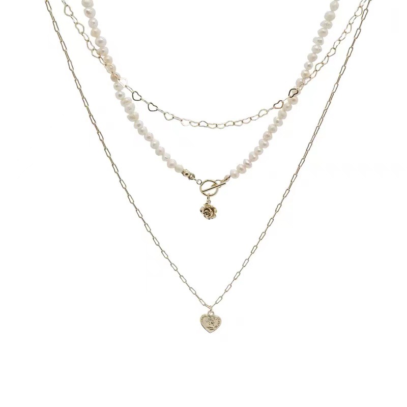 Three-layer pearl heart-shaped necklace for women's summer, with a light luxury and niche design sense collarbone chain, retro ins neck chain Item Picture