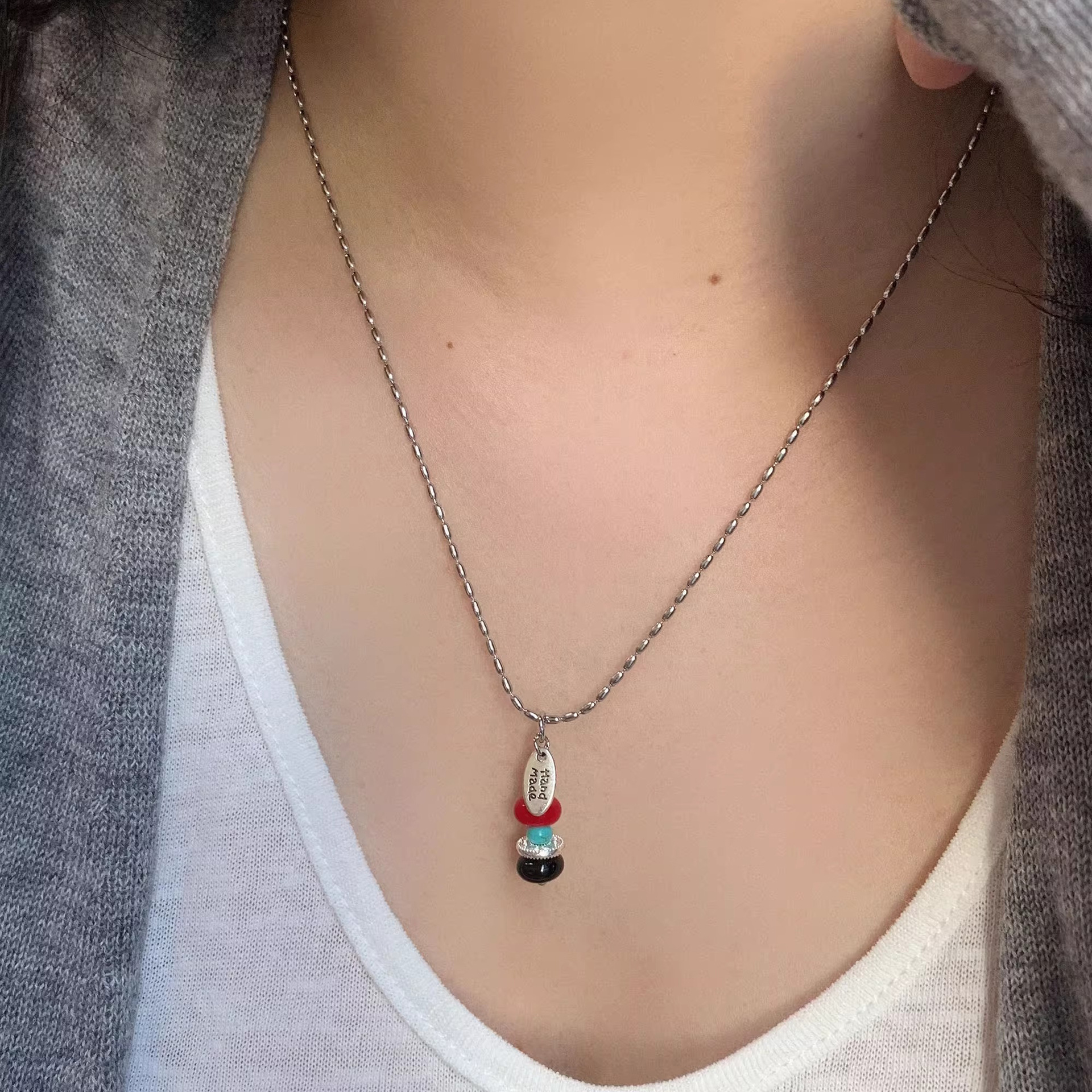 Wishing Tower color-blocking beaded pendant necklace for women, Korean niche design sense rice bead chain, fashionable and versatile collarbone chain details Picture