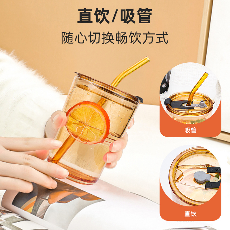 Custom-made laser logo leather case ins coffee cup, retro glass cup with straw, office bamboo joint drinking cup Specification drawing