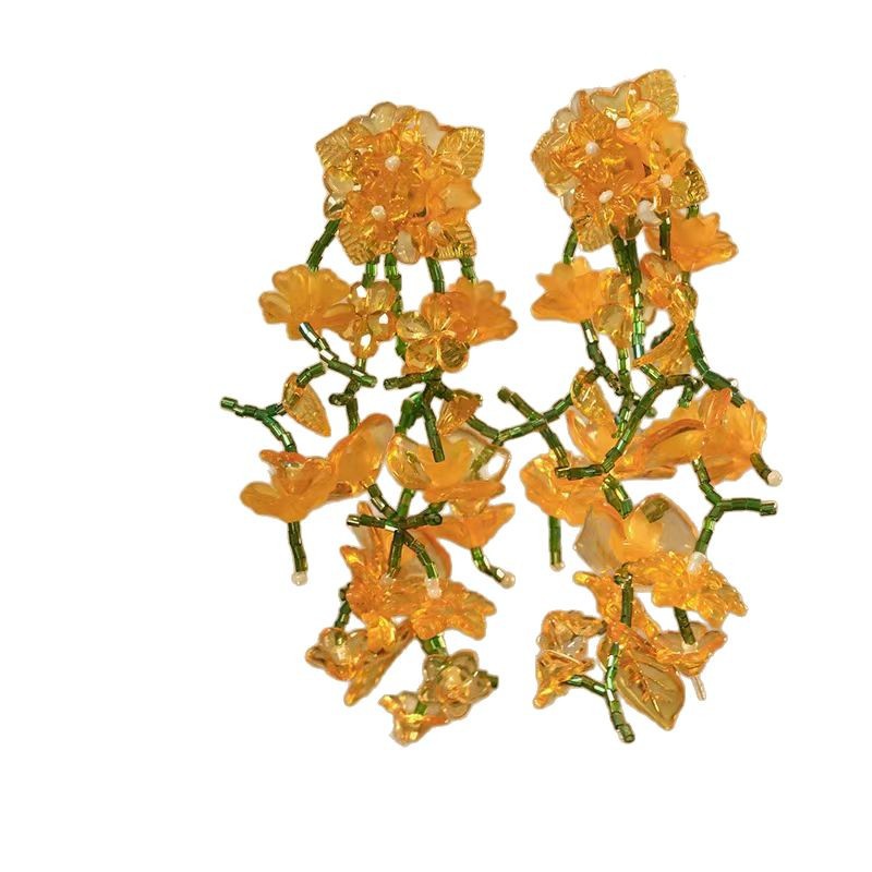 Orange Blossom Sea ~ Orange flower exaggerated tassel earrings, super ethereal, unique and fashionable earrings, summer face-enhancing small earrings Item Picture