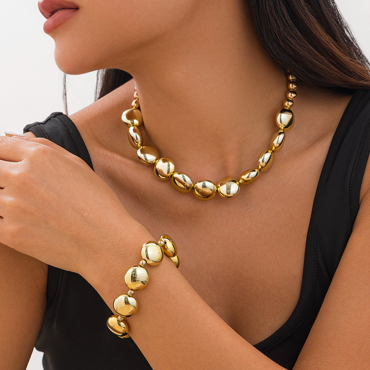 European and American cross-border jewelry punk style geometric flat round bead collarbone chain, personalized CCB beaded versatile necklace set details Picture