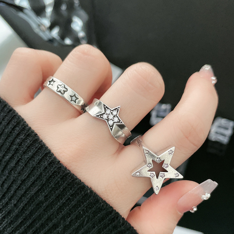 Retro aged five-pointed star ring, neutral style, simple punk index finger ring, adjustable, fashionable, individual and versatile ring full figure