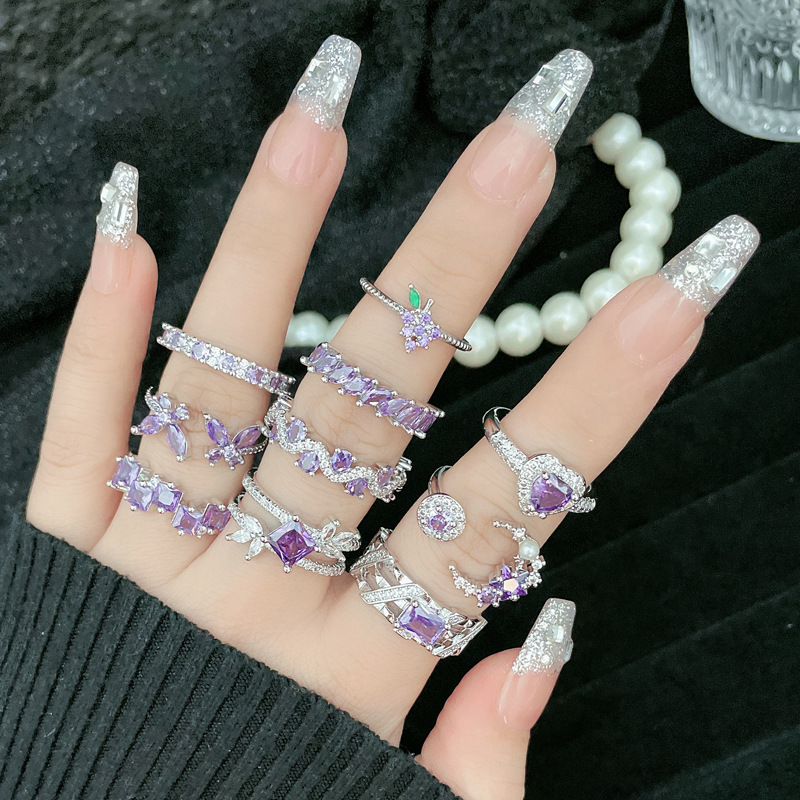 A light luxury, sweet and cool geometric purple diamond open ring for women, with a niche design sense, a cold style, fashionable and individual, exquisite index finger ring Application Scenario