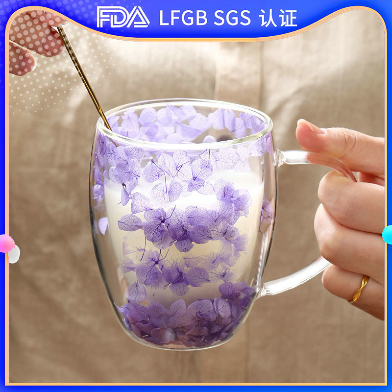 New product, popular petal new style cup, high appearance level, cross-border real flower double-layer glass cup, creative high borosilicate glass cup full figure