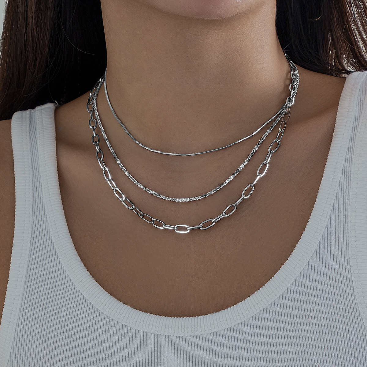 European and American cross-border jewelry simple fine chain imitation pearl necklace for women necklace versatile multi-layer set necklace details Picture