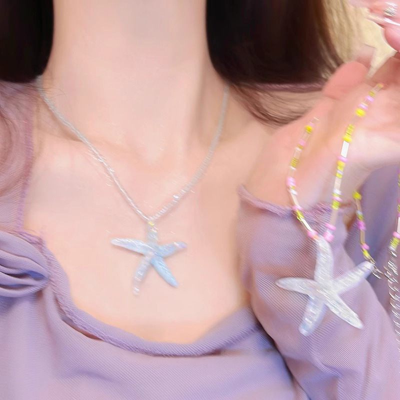 Dancing starfish, summer seaside, fresh dopamine, colorful y2k star beads collarbone chain, sweet and cool stacked necklace full figure