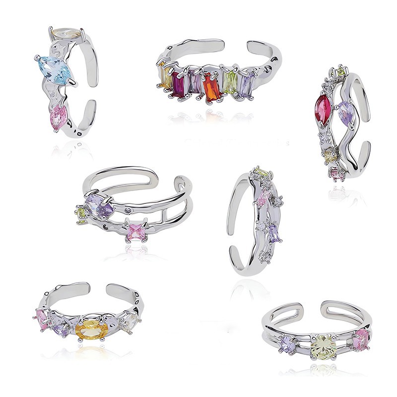 Cold and cool style, niche design, light luxury and high-end feel, colorful zircon open ring, sweet and cool style, adjustable ring full figure
