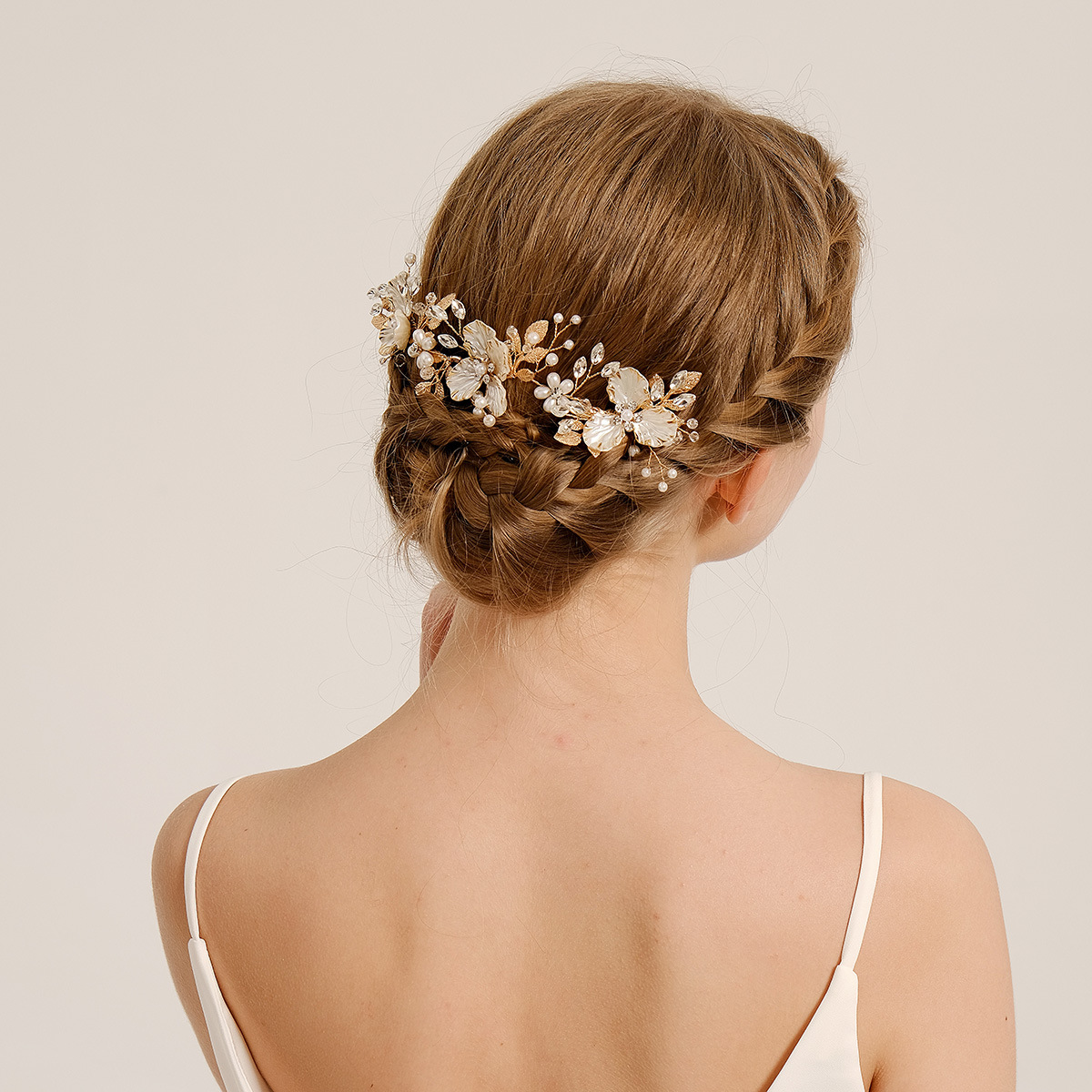 European and American bride accessories, hand-combed wedding dress style, Xiuhe headwear, golden grand water diamond pearl pair comb, hair comb full figure