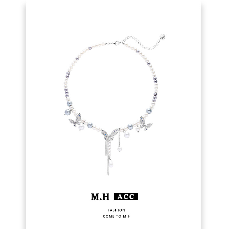 Original butterfly pearl necklace for women, with a light luxury and high-end feel. Colorful zircon collarbone chain, sweet and elegant, fashionable necklace full figure