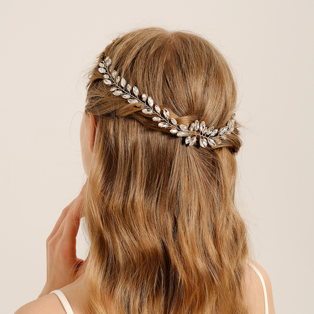 European and American cross-border bride water diamond hair band, earrings, accessories, forest-style wedding dress, hair accessories, earrings, handcrafted crystal hair chain set details Picture