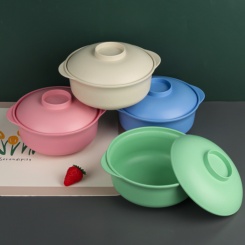 Amazon wheat bowl, clay pot bowl, 20cm round bowl, plastic bowl, household double-ear bowl with lid, student dormitory instant noodle bowl Application Scenario
