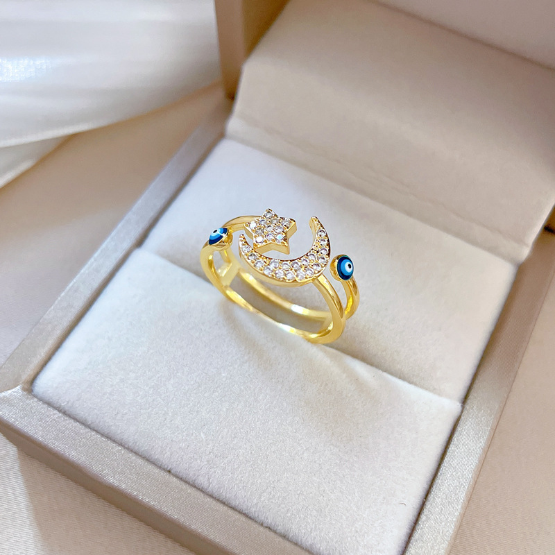 【 Real gold electroplating 】 Open star and moon fashion slightly inlaid light luxury ring index finger ring, the same style as the Internet celebrity, cold style Application Scenario