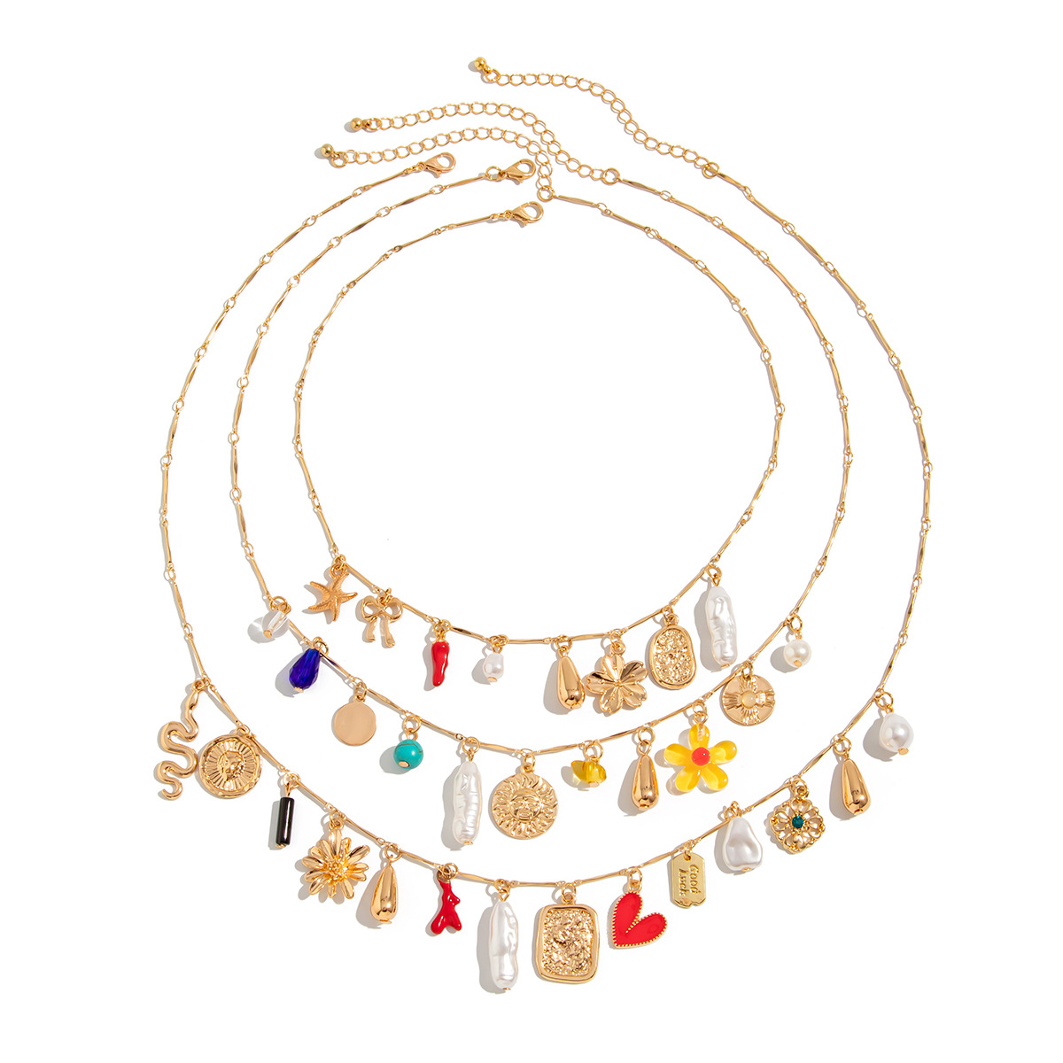 European and American cross-border jewelry Bohemian stacked metal necklace, chili sunflower pearl heart multi-layer necklace Item Picture
