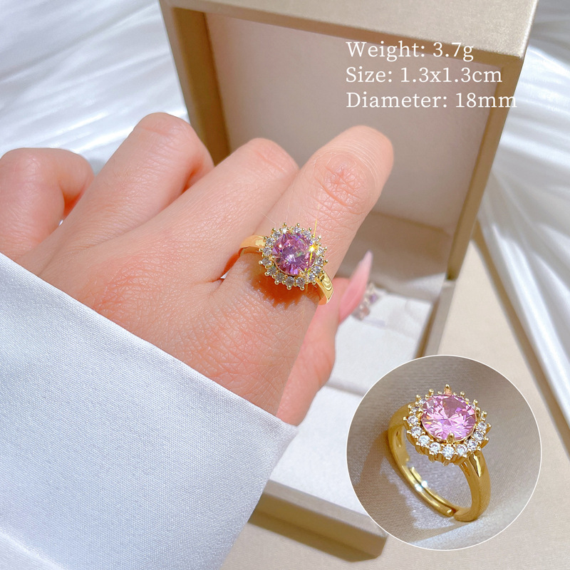 【 Real Gold 】 Pink round full diamond ring with adjustable opening, simple jewelry, Japanese-style ring couple rings full figure