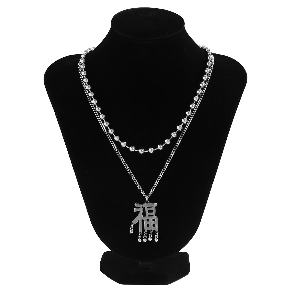 Creative "Fu" character tassel long alloy necklace for women, European and American cross-border jewelry, retro hollowed-out fine chain necklace Item Picture