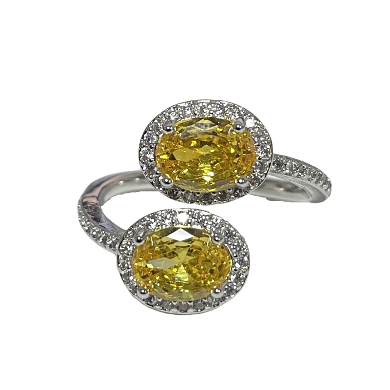 Exquisite retro double zircon yellow diamond, unique and fashionable open ring, women's Instagram, cold style, light luxury index finger ring Item Picture