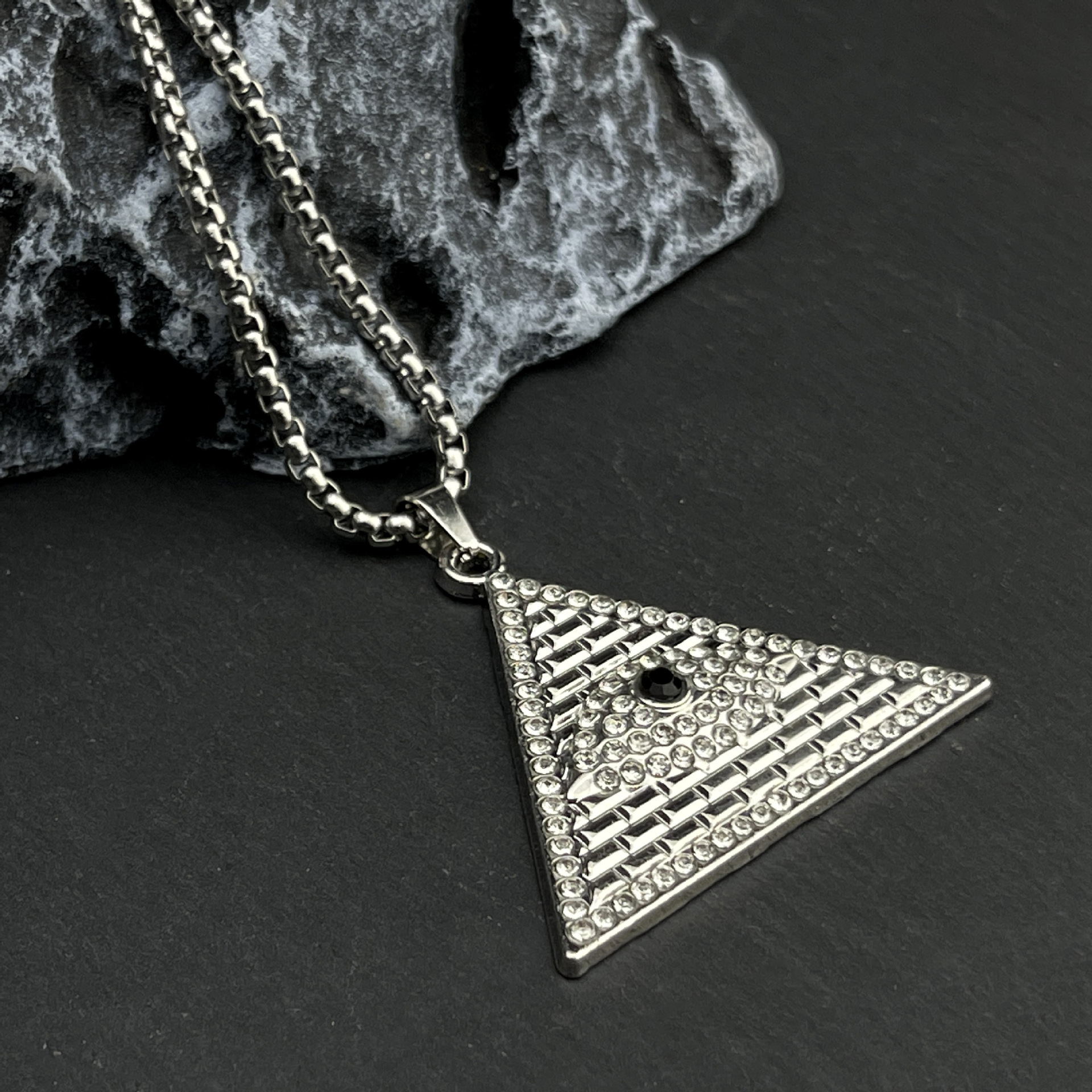 New Middle East cross-border Nazar Eye titanium steel necklace triangular Halal diamond-encruble alloy pendant batch details Picture