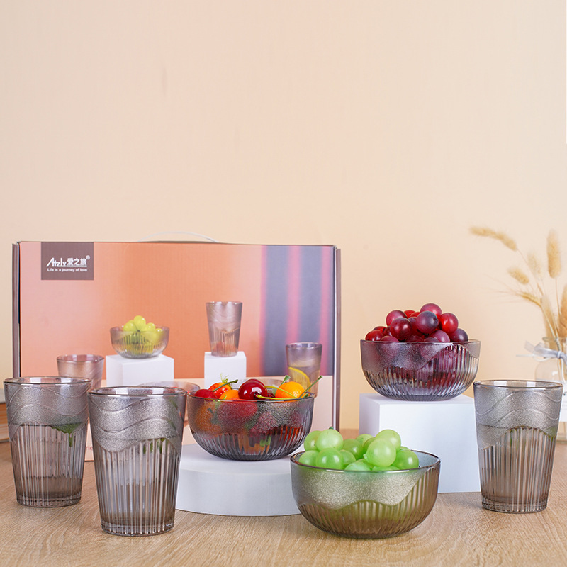 A two-piece set of vertical pattern glass cups and bowls, a household water cup, dessert and salad bowl set, and a gift for bank activities under 5 yuan details Picture
