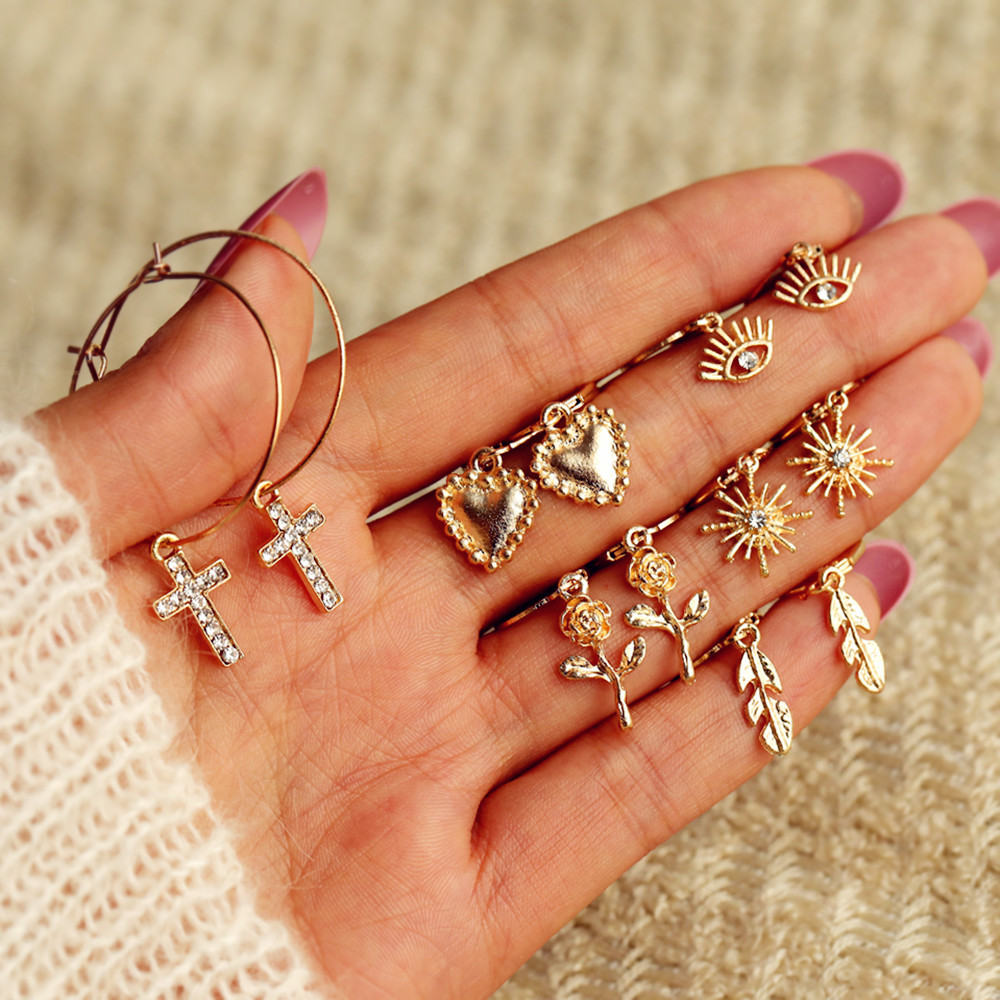 Korean jewelry world retro earrings heart-shaped cross pendant, cross-border fashion Bohemian style alloy stud earrings for women full figure