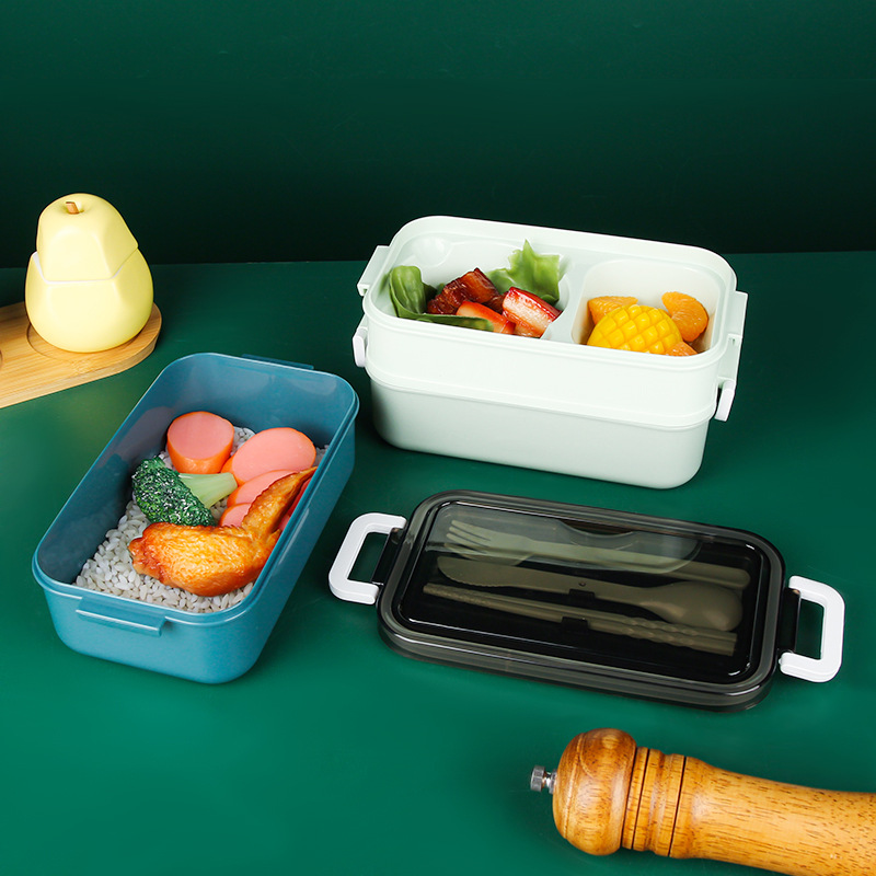 Japanese-style plastic lunch box, double-sealed insulated box, student compartments lunch box, bento box, portable lunch box with tableware details Picture