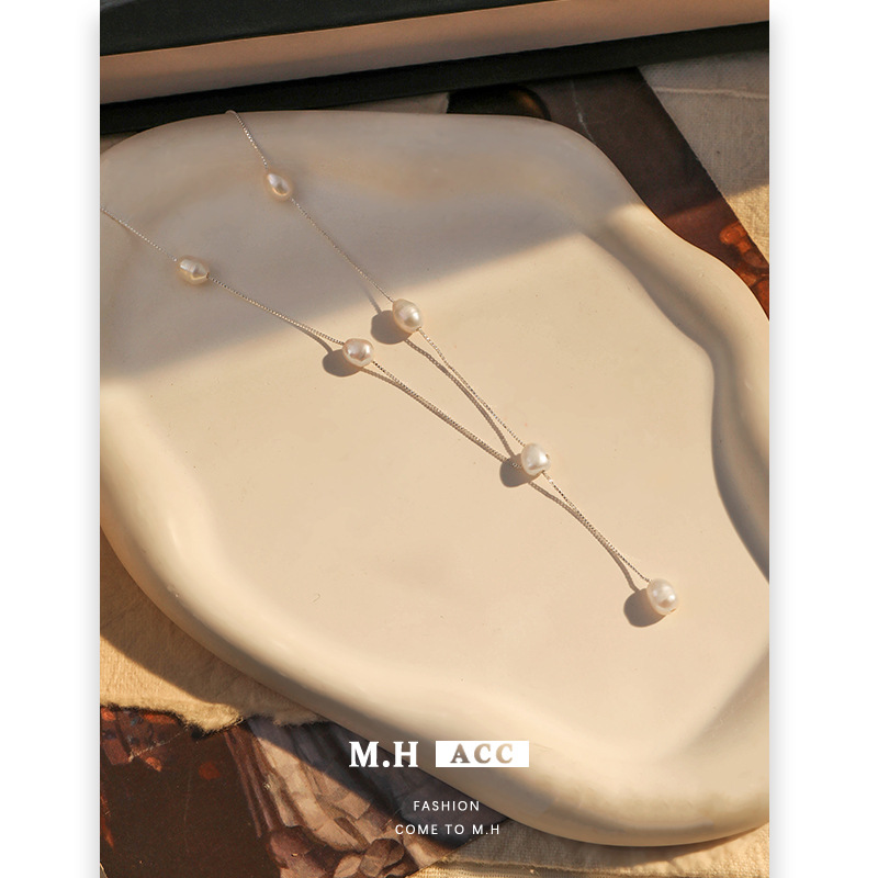 Korean freshwater pearl necklace, pure white Y-shaped fresh and sweet sweater chain in an ins style for women, cross-border fashionable and elegant necklace Specification drawing
