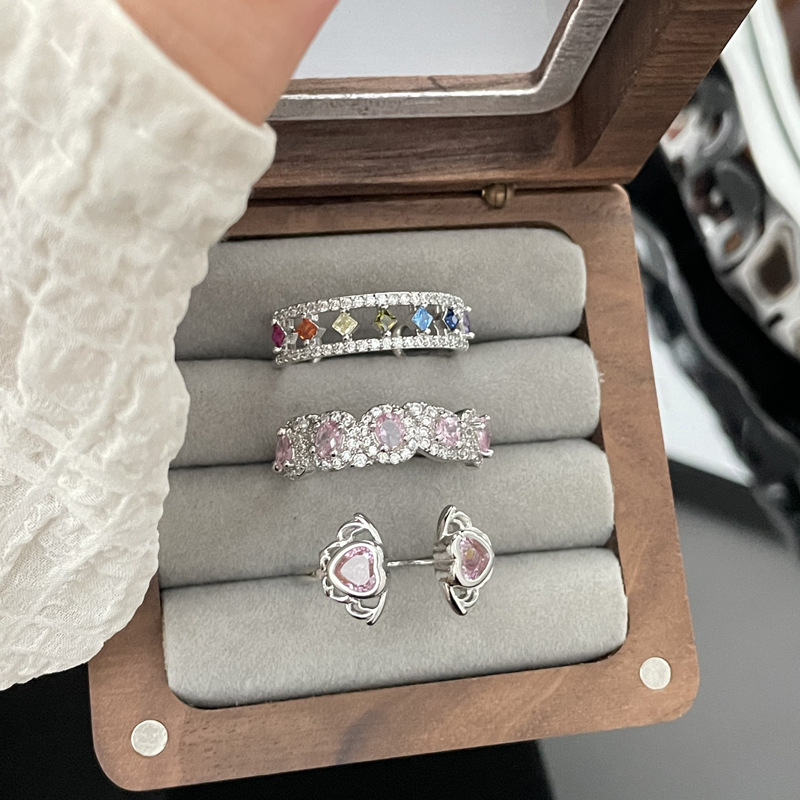 A super ethereal and sweet pink diamond ring for women, adjustable, trendy, light luxury, heart-shaped, elegant and high-end style, an ins cold style ring details Picture