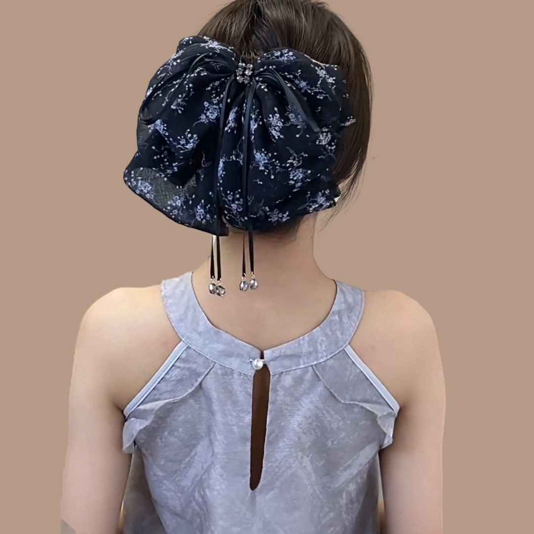 High-end and fashionable printed bow, multi-layered ponytail hair clip, fairy ribbon, back of the head hair accessory, shark clip, claw clip details Picture