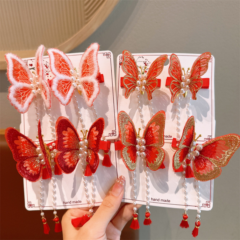 Children's New Year hair accessories, Chinese-style embroidered red New Year butterfly hair clips, festive Hanfu bride's headwear, hair clip accessories full figure