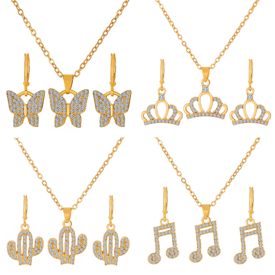Cross-border best-selling jewelry set from Europe and America: Women's personalized diamond-encrusted alloy crown butterfly necklace and earrings set, trendy on Instagram Item Picture