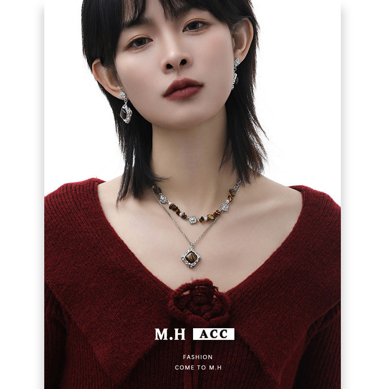 Retro Maillard Tiger's Eye necklace 2025 new style bestseller, light luxury high-end neckchain, fashionable and niche collarbone chain Specification drawing