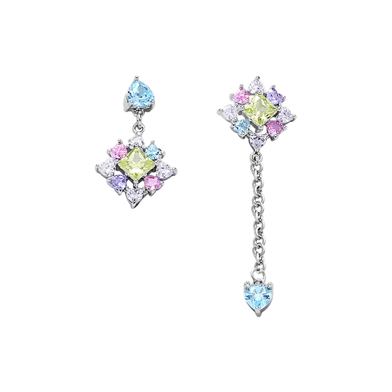 Harajuku colorful zircon asymmetrical earrings for women, light luxury European and American cross-border silver needle stud earrings, unique design earrings for hot girls Item Picture